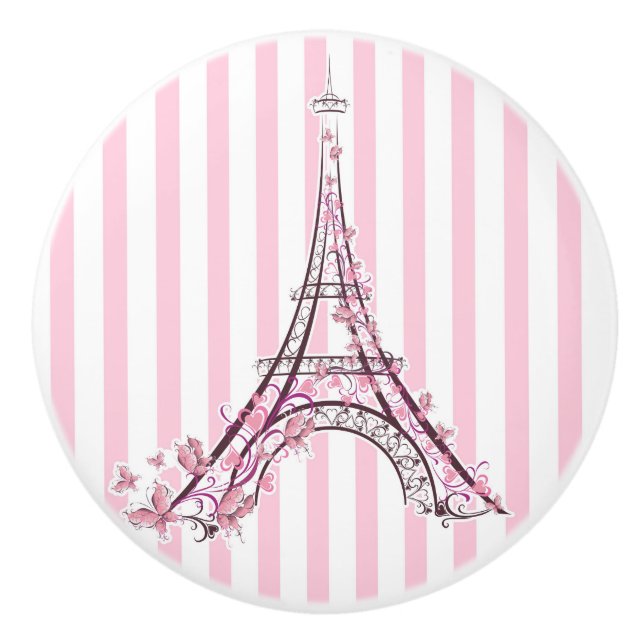 Pink Hearts & Butterflies Paris Eiffel Tower Girls Ceramic Knob (Front)