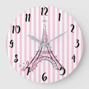 Pink Hearts & Butterflies Paris Eiffel Tower Large Clock