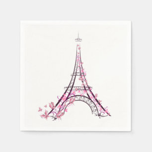 Pink Hearts & Butterflies Paris Eiffel Tower Napkin