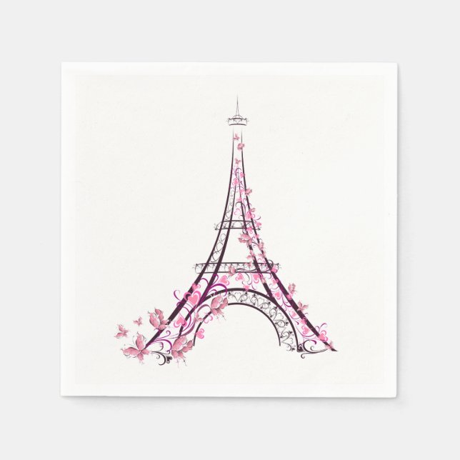 Pink Hearts & Butterflies Paris Eiffel Tower Napkin (Front)