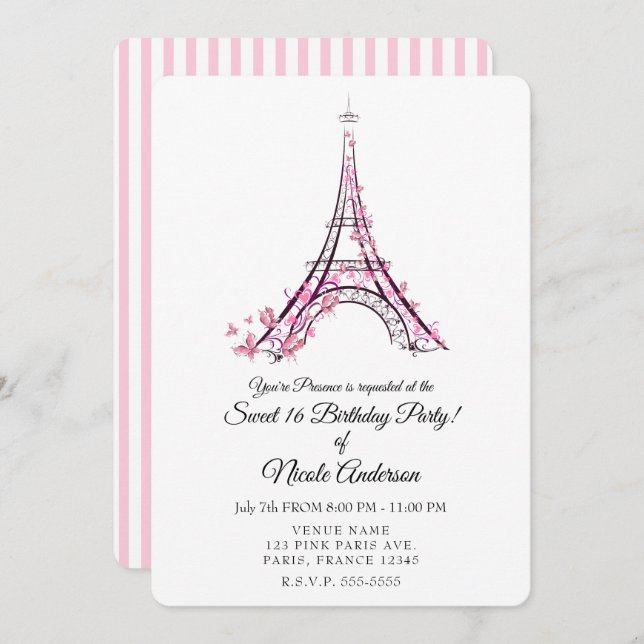 Pink Hearts & Butterflies Paris Eiffel Tower Party Invitation (Front/Back)