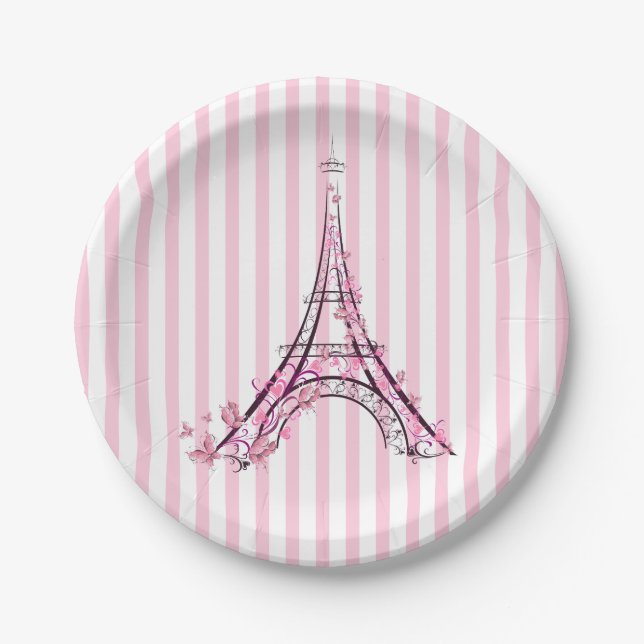 Pink Hearts & Butterflies Paris Eiffel Tower Party Paper Plate (Front)