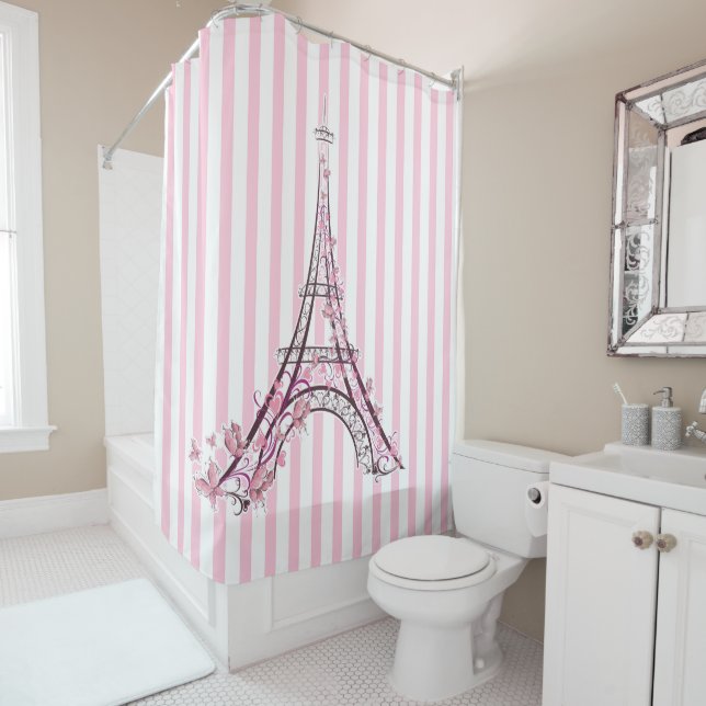 Pink Hearts & Butterflies Paris Eiffel Tower Shower Curtain (In Situ)