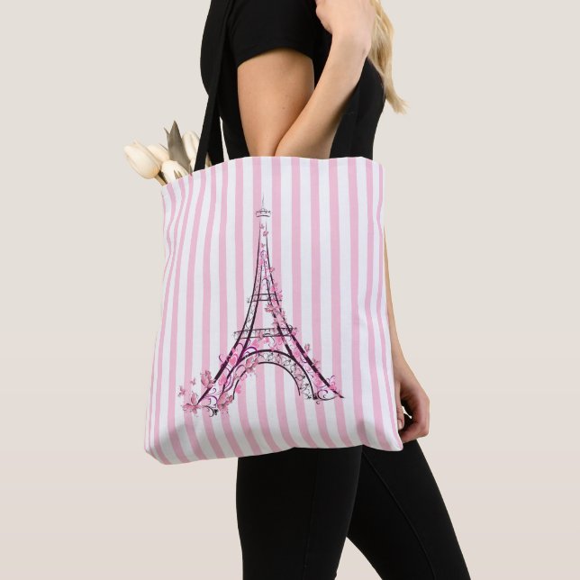 Pink Hearts & Butterflies Paris Eiffel Tower Tote Bag (Close Up)