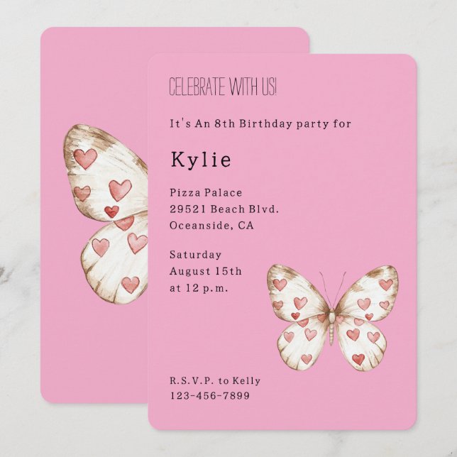 Pink Hearts Butterfly Birthday   Invitation (Front/Back)