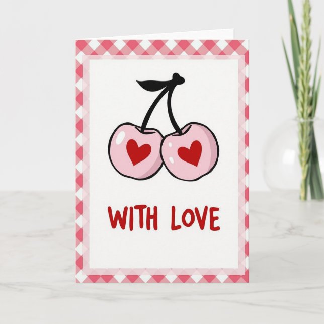 Pink Hearts Cherries Love Card (Front)