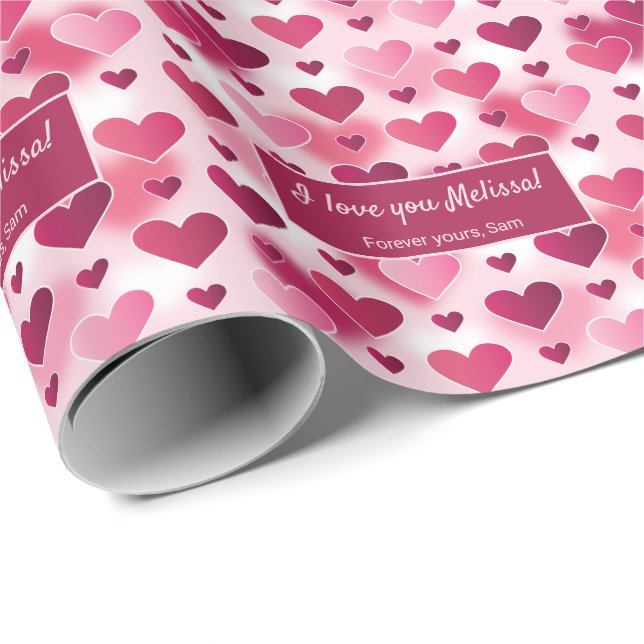 Pink Hearts & Custom I Love You Text Valentine's Wrapping Paper (Roll Corner)