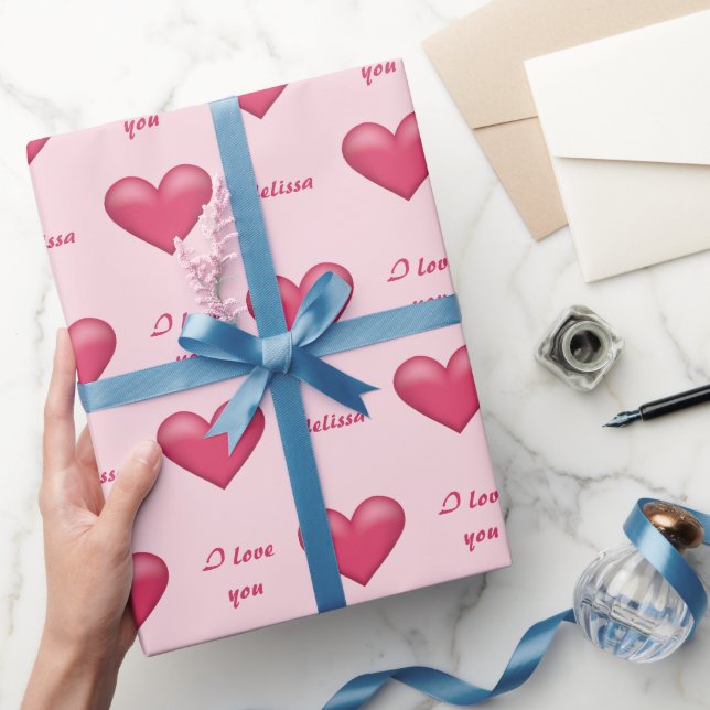 Pink Hearts & Custom I Love You Text With Any Name Wrapping Paper (Gifting)