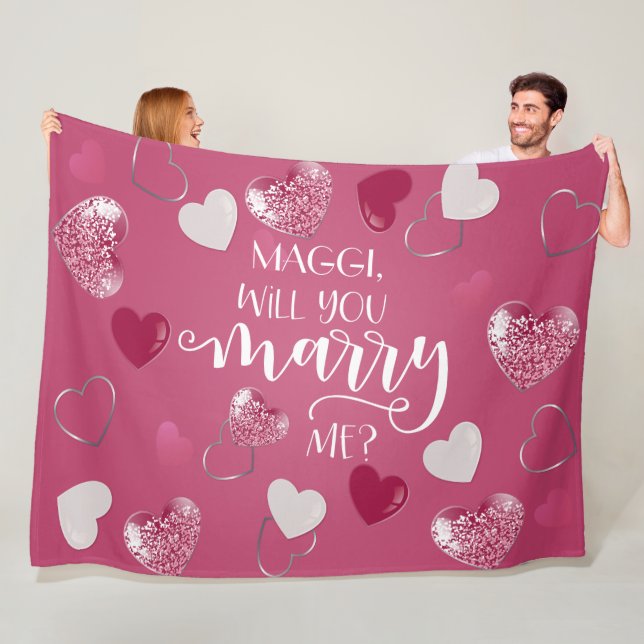 Pink Hearts Custom Marriage Proposal Fleece Blanket (In Situ)