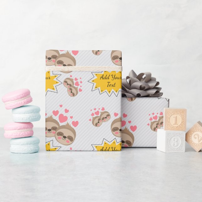 Pink Hearts Cute Sloth Pattern Baby Shower Party Wrapping Paper (Baby Shower)