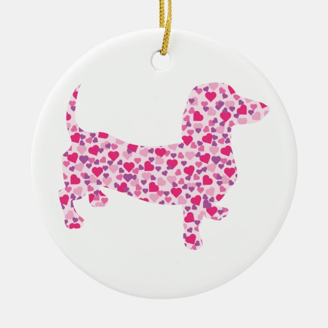 Pink Hearts Dachshund Ceramic Tree Decoration (Front)