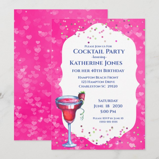 Pink Hearts Daiquiri Birthday Cocktail Party  Invitation (Front/Back)
