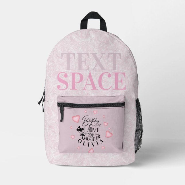 Pink Hearts Daughter Birthday Text Design Printed Backpack (Front)
