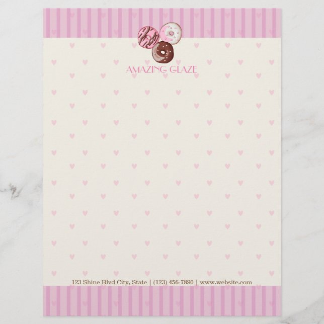 Pink Hearts Doughnut Shop Letterhead CUTE KAWAII (Front)