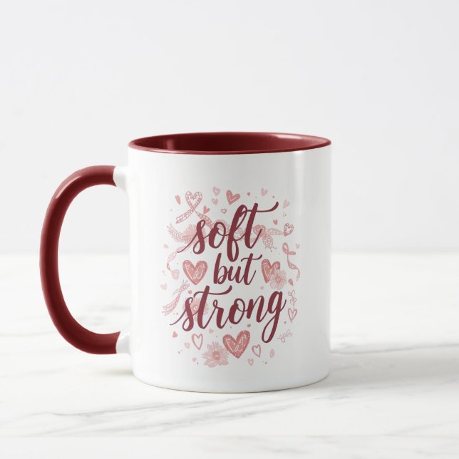 Pink Hearts Empowering "Soft But Strong" Graphic Mug (Left)