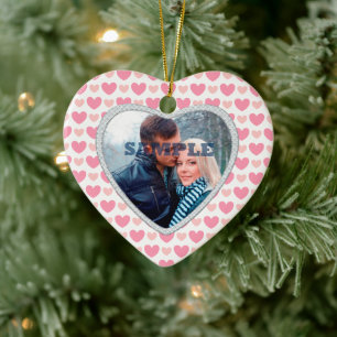 Pink Hearts Faux Diamond Valentine Photo Template Ceramic Tree Decoration