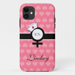 Pink Hearts+Female Sign+Nurse Cap/Name iPhone 11 Case