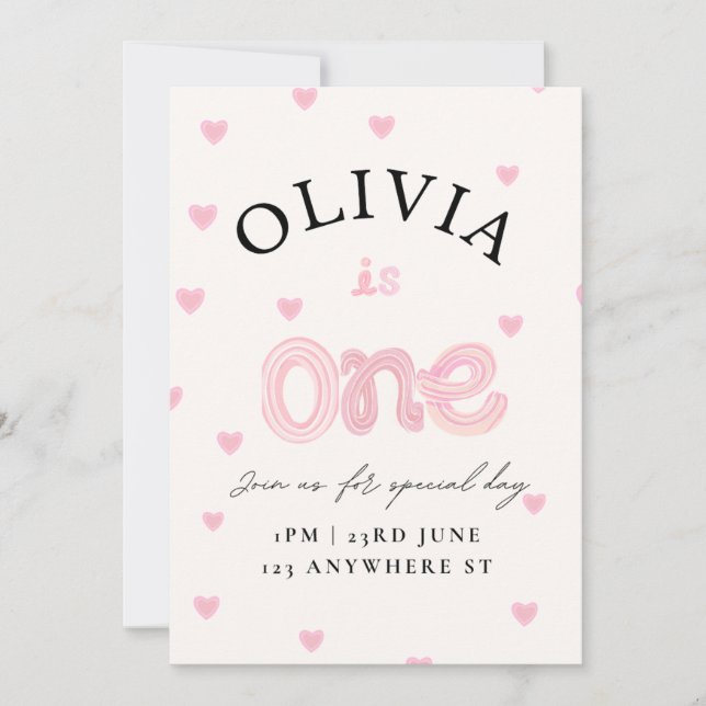Pink Hearts Flat birthday Invitation Card  (Front)