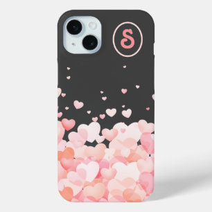 Pink Hearts Floating on Dark Grey with Monogram iPhone 15 Mini Case
