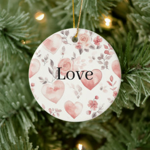 Pink Hearts & Flowers Love   Ceramic Tree Decoration