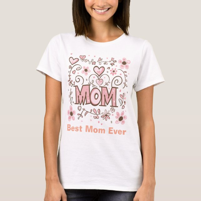 Pink Hearts & Flowers "MOM" - Sweet Floral Mother T-Shirt (Front)