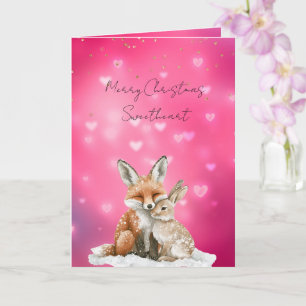 Pink Hearts Fox Bunny Glitzy Sweetheart Christmas Card