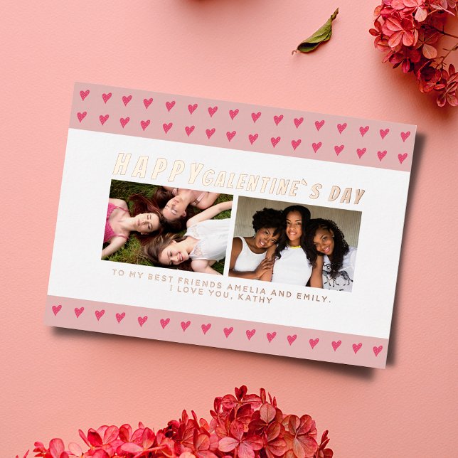 Pink Hearts Galentine`s Day Friends 2 Photo Foil Holiday Card (Creator Uploaded)