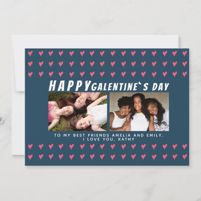 Pink Hearts Galentine`s Day Friends 2 Photo Holiday Card (Front)