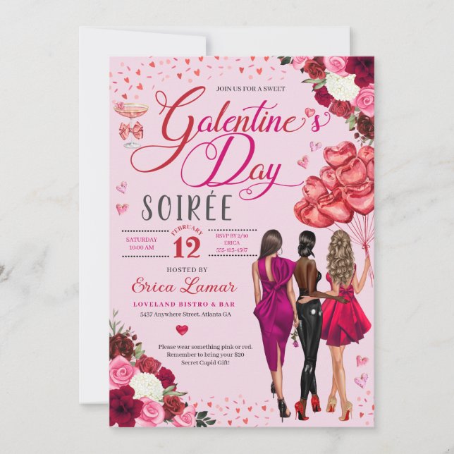Pink Hearts Galentine's Day Girl Friends Party Invitation (Front)