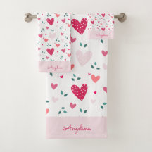 Pink Hearts Girl’s Custom Name Bath Towel Set