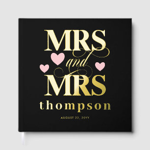 Pink Hearts Gold Mrs & Mrs Lesbian Wedding Guest Book