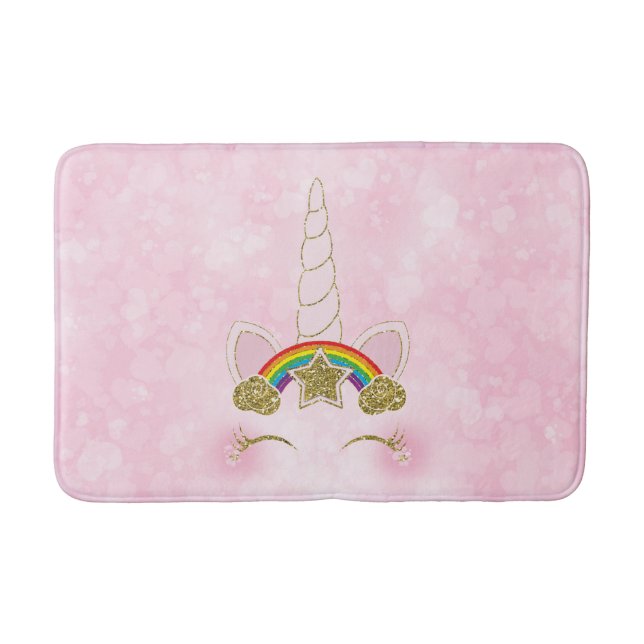 Pink Hearts Gold Rainbow Star Unicorn Horn Face Bath Mat (Front)