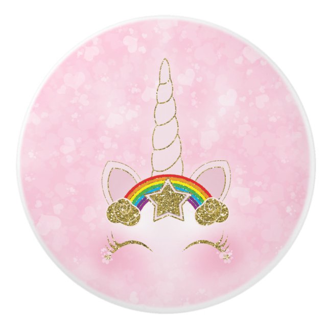 Pink Hearts Gold Rainbow Star Unicorn Horn Face Ceramic Knob (Front)