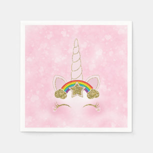 Pink Hearts Gold Rainbow Star Unicorn Horn Face Napkin