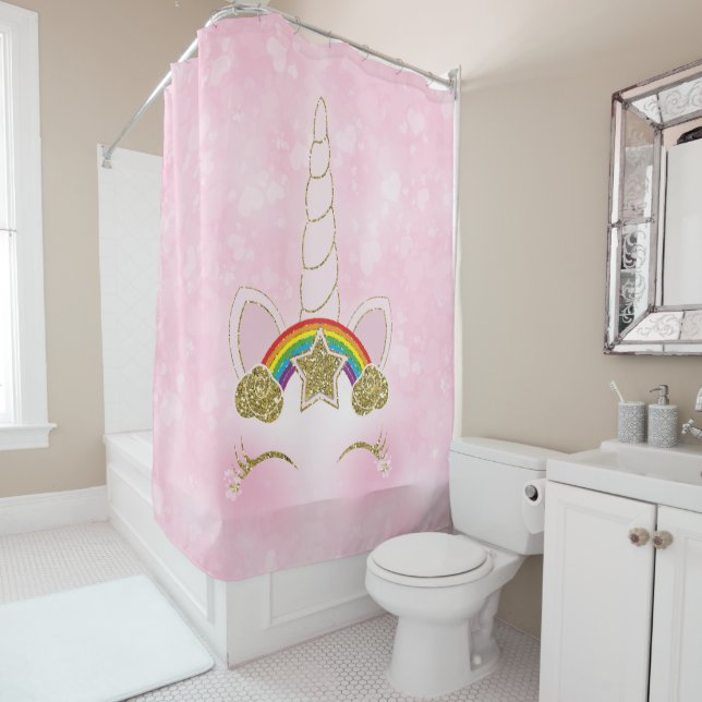 Pink Hearts Gold Rainbow Star Unicorn Horn Face Shower Curtain (In Situ)
