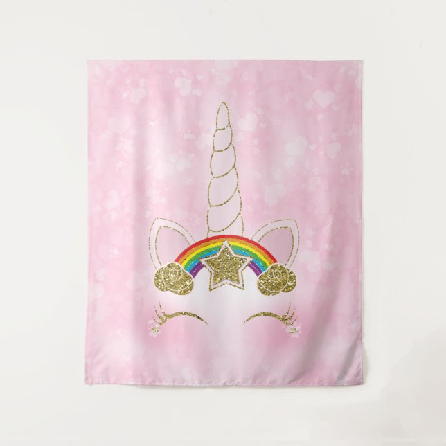 Pink Hearts Gold Rainbow Star Unicorn Horn Face Tapestry (Front)