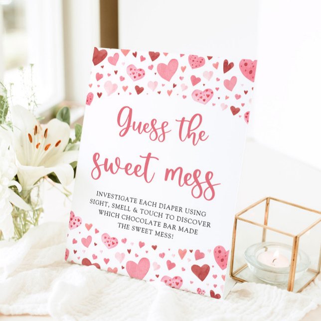 Pink Hearts Guess the Sweet Mess Baby Shower Game Pedestal Sign (Creator Uploaded)