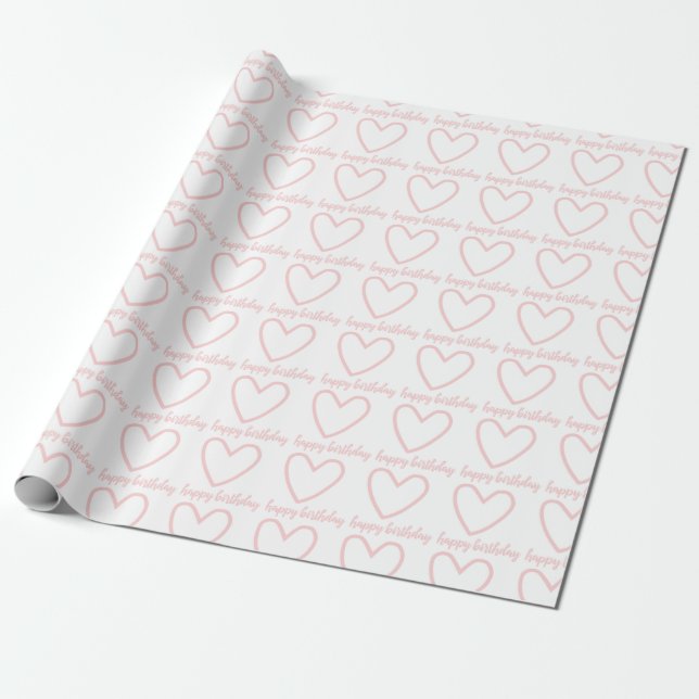 Pink Hearts Happy Birthday Wrapping Paper (Unrolled)