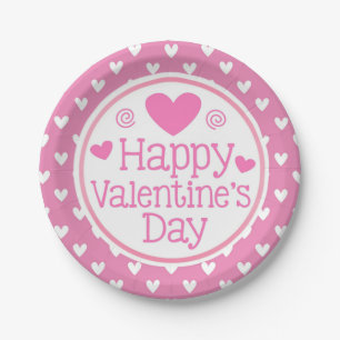 Pink Hearts Happy Valentines Day Kids Party Paper Plate