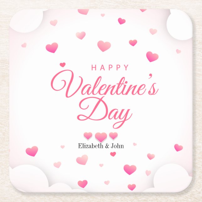 Pink Hearts Happy Valentine's Day  Square Paper Coaster (Front)