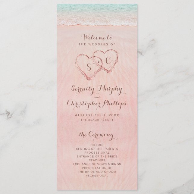 Pink hearts in the sand beach wedding program programme (Front)