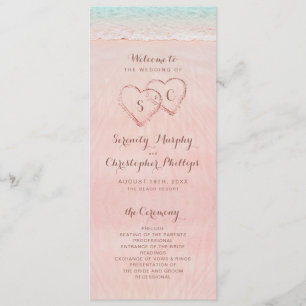 Pink hearts in the sand beach wedding program programme