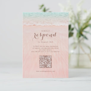Pink hearts in the sand beach wedding QR code RSVP Card