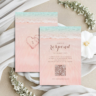 Pink hearts in the sand beach wedding QR code  RSVP Card
