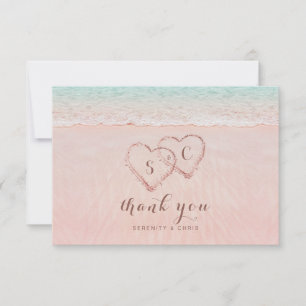 Pink hearts in the sand destination beach thank you card