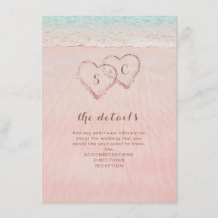 Pink hearts in the sand destination beach wedding enclosure card