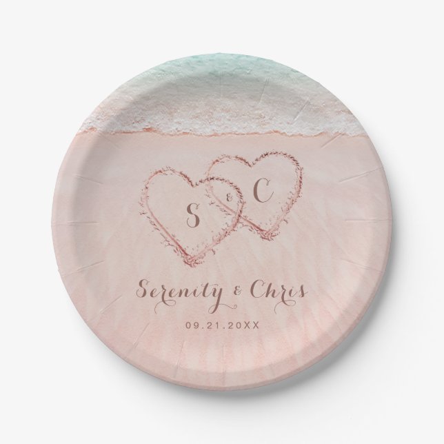Pink hearts in the sand destination beach wedding paper plate (Front)