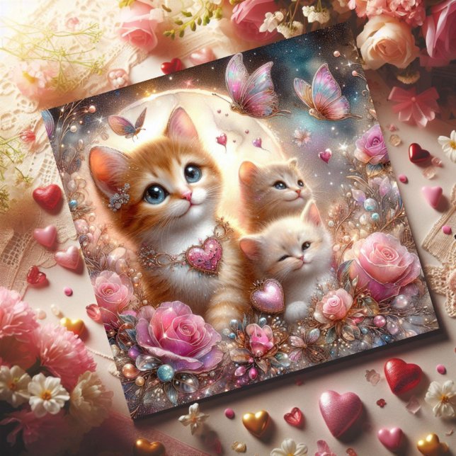 Pink Hearts Kittens Butterflies Valentine Holiday Card (Creator Uploaded)