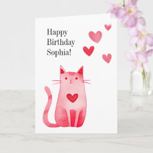 Pink Hearts Kitty Cat Birthday Card