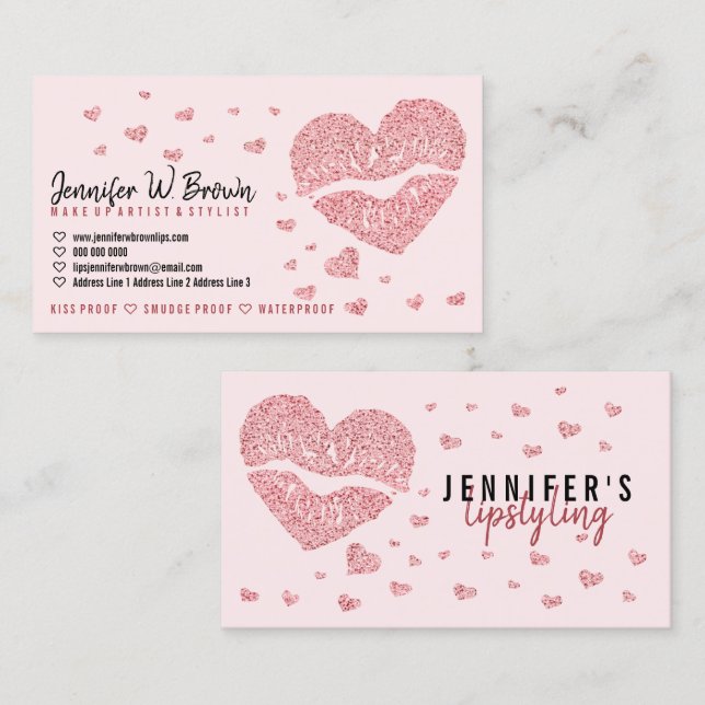 Pink Hearts Lips Rose Gold Gloss Lipstick Business Card (Front/Back)